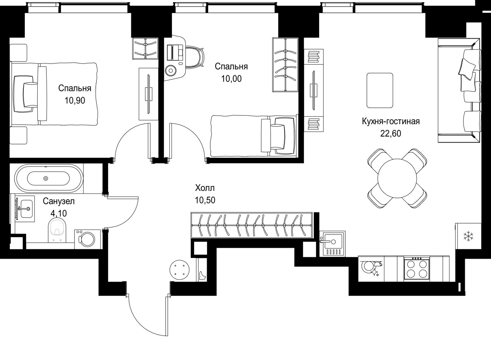 2-комнатная квартира, 58,1 м²