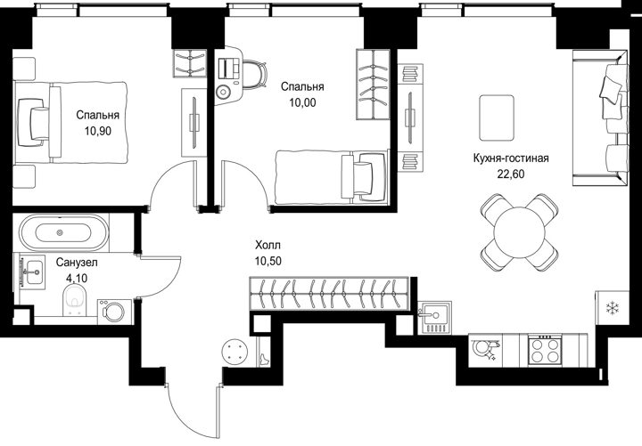 2-комнатная квартира, 58,1 м² — фото 1