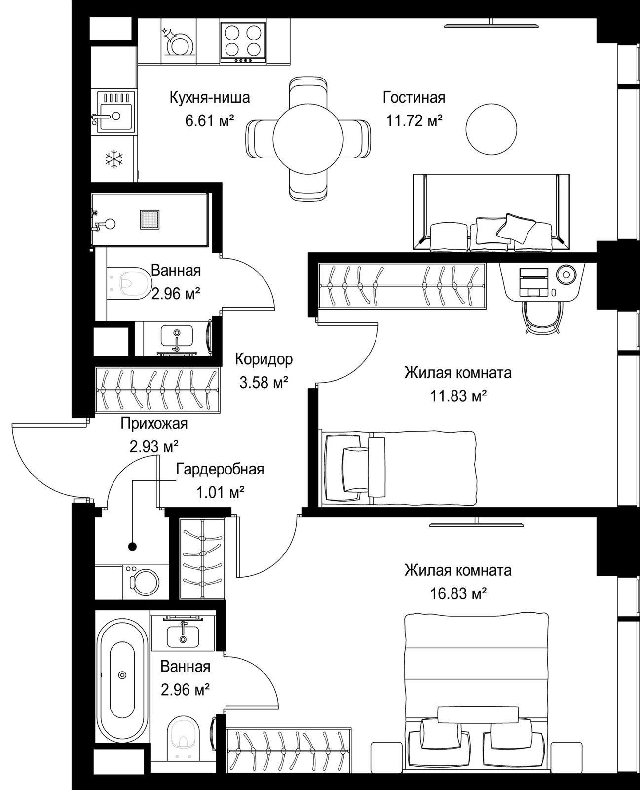 2-комнатная квартира, 60,4 м²