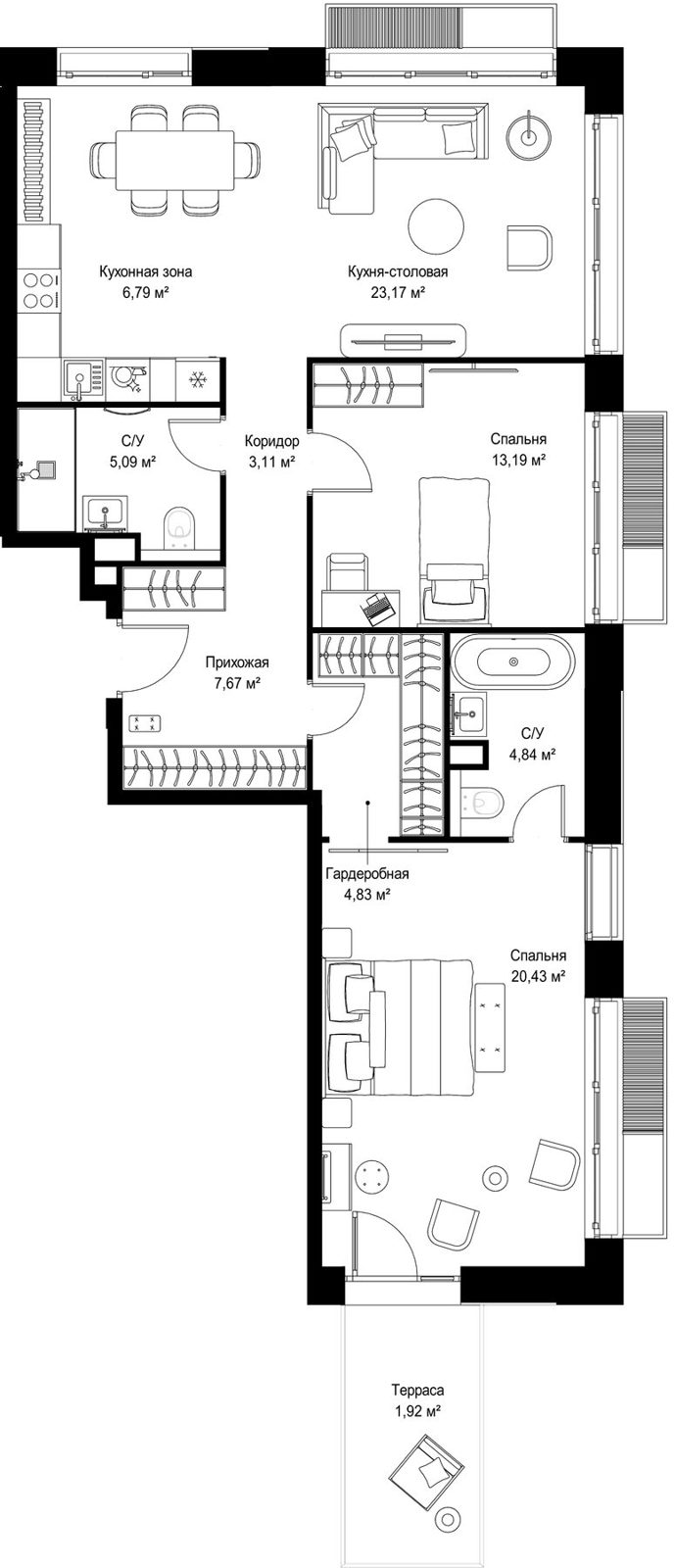 2-комнатная квартира, 91 м²