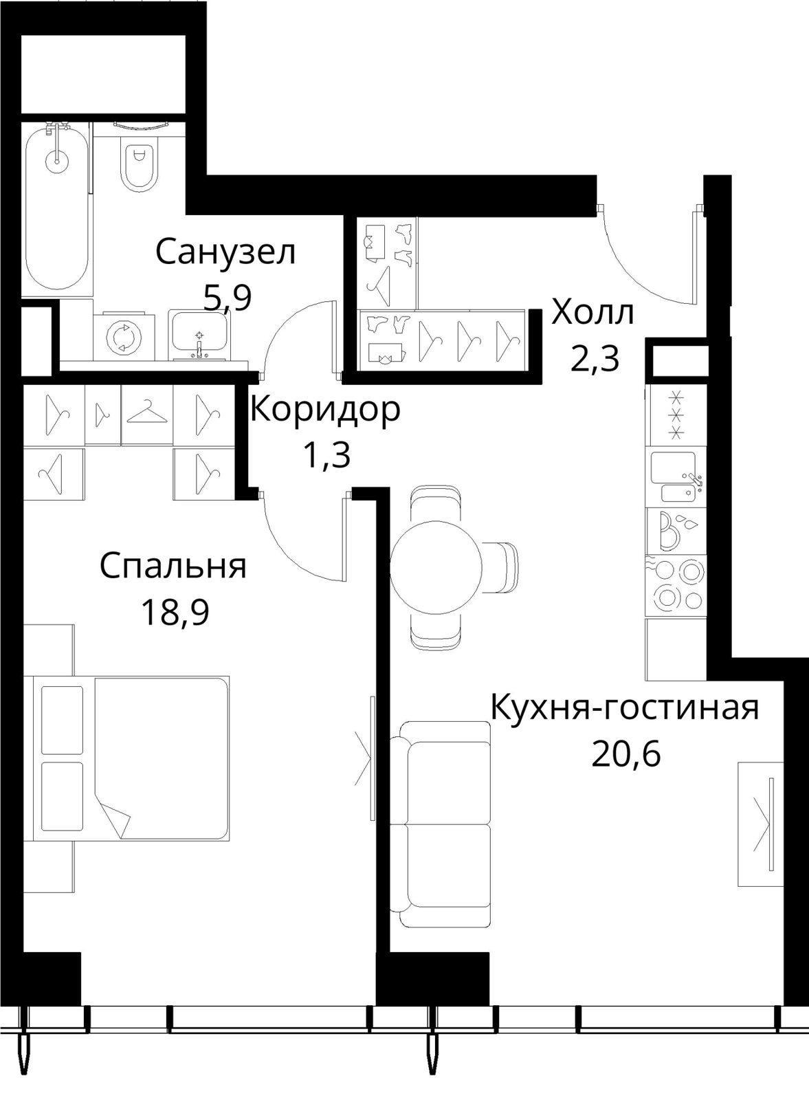 1-комнатная квартира, 51,5 м²