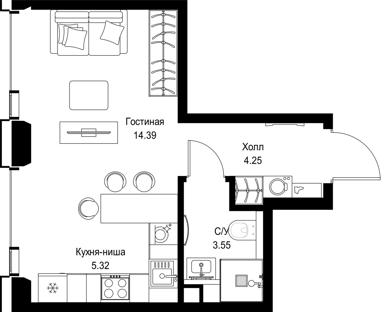 Квартира-студия, 27,5 м²