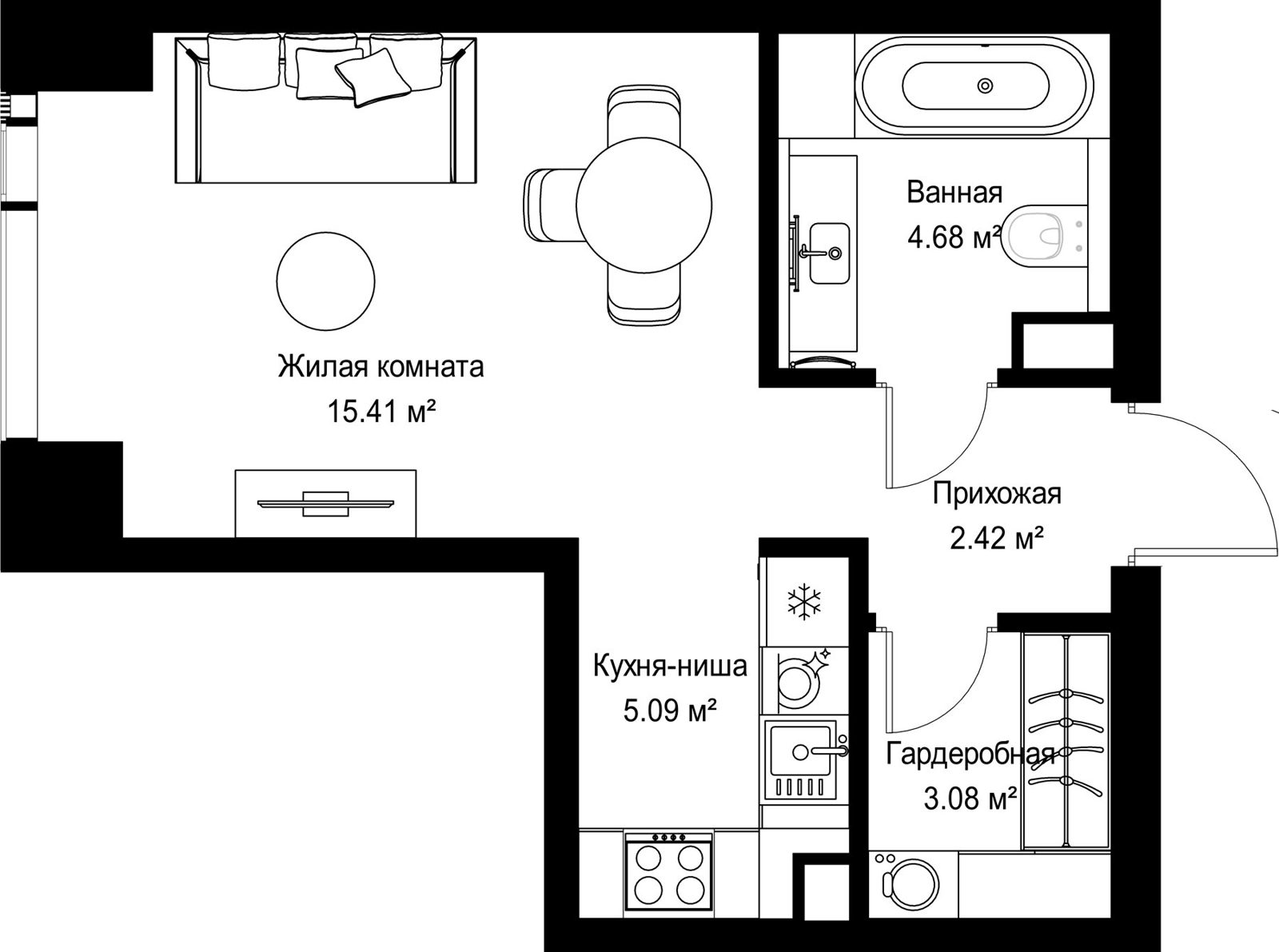 Квартира-студия, 30,7 м²