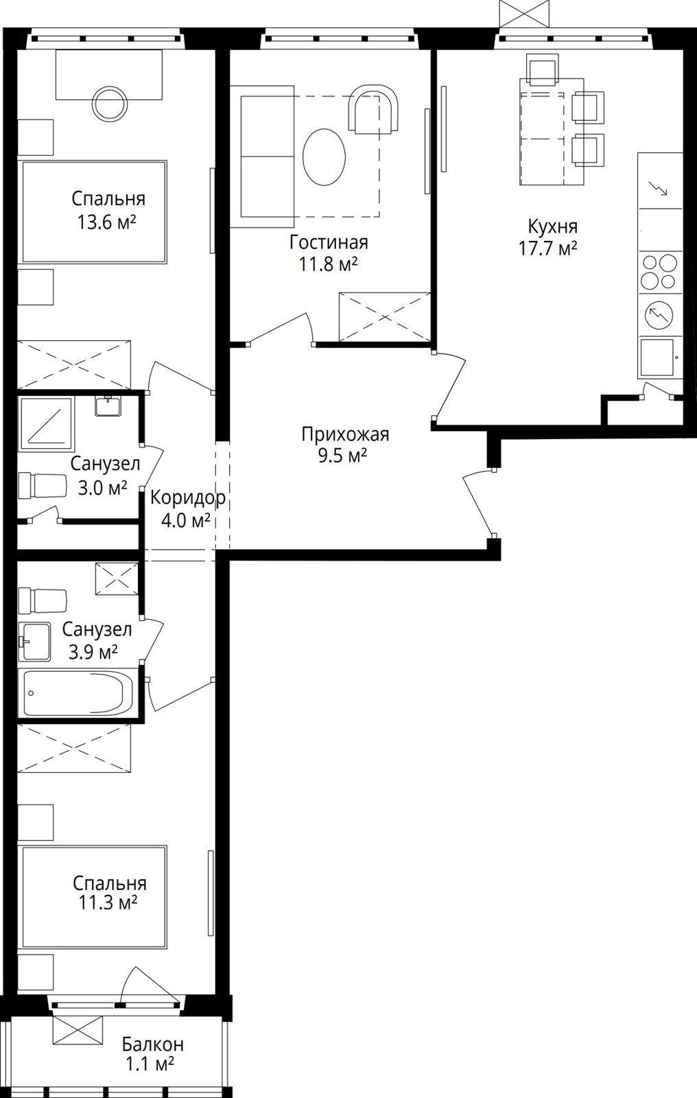 3-комнатная квартира, 75,9 м²