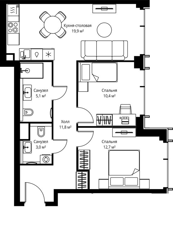 2-комнатная квартира, 62,9 м²
