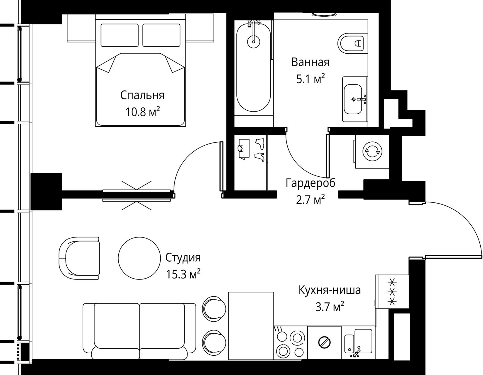 1-комнатная квартира, 37,6 м²