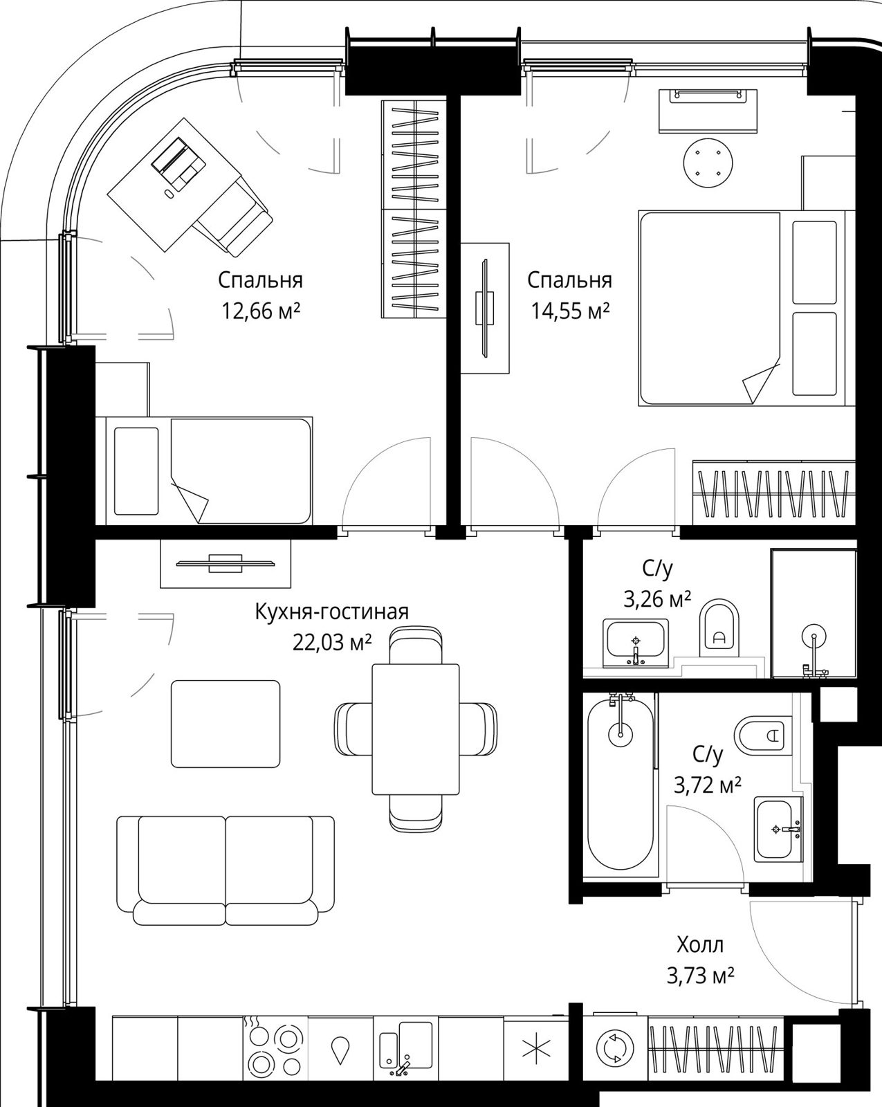 2-комнатная квартира, 60 м²