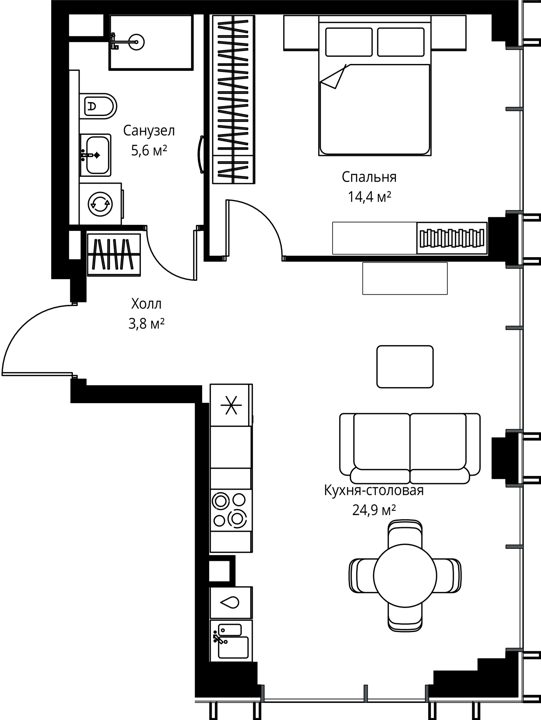 1-комнатная квартира, 48,7 м²