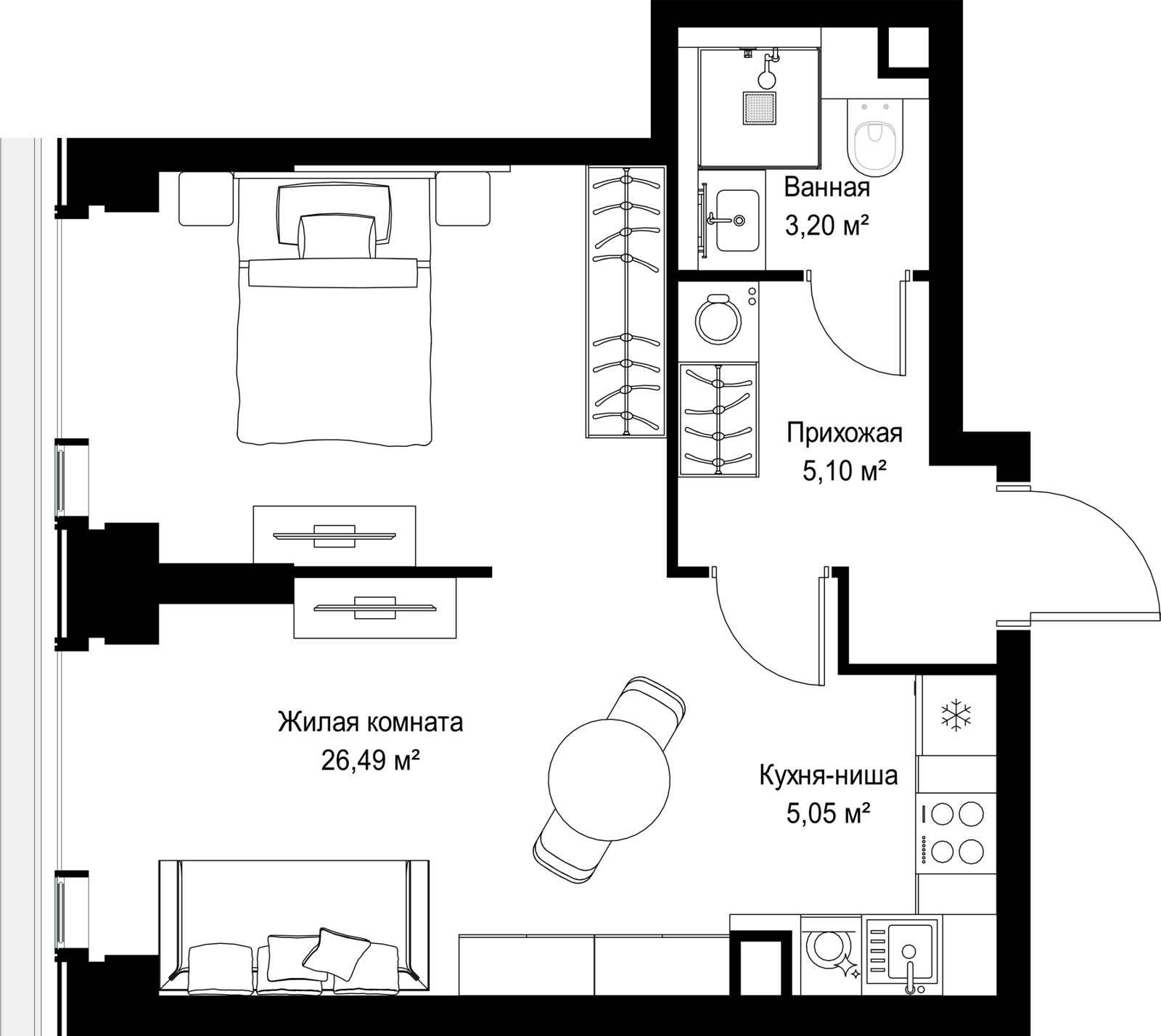 1-комнатная квартира, 39,8 м²