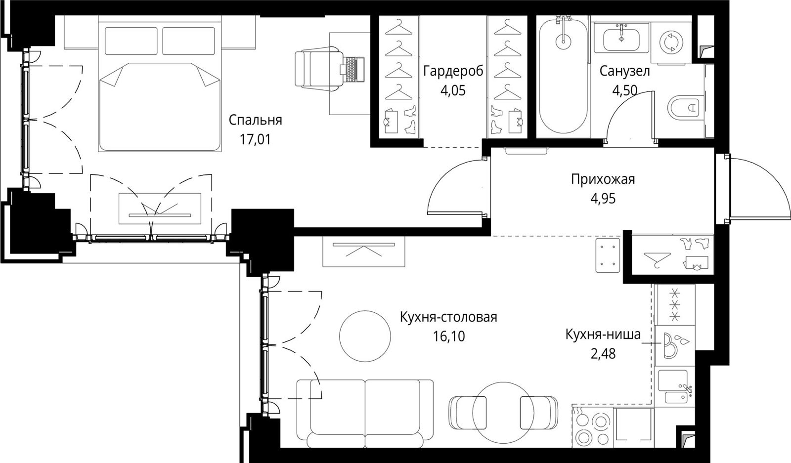 1-комнатная квартира, 49,1 м²