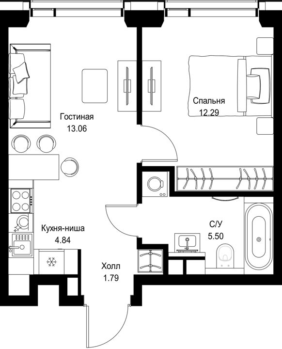 1-комнатная квартира, 37,5 м²
