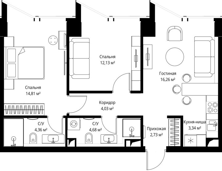 2-комнатная квартира, 62,1 м² — фото 1