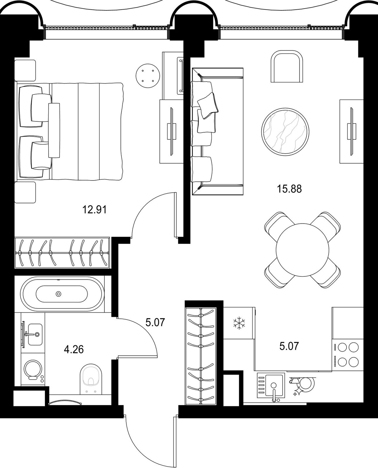 1-комнатная квартира, 43,2 м²
