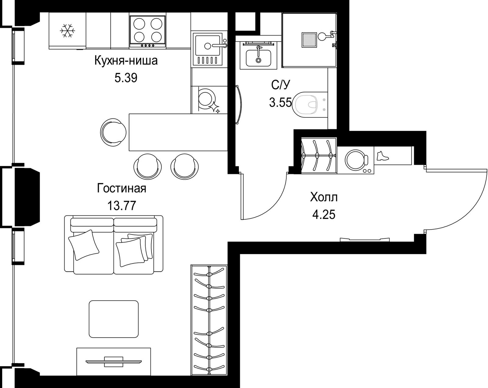 Квартира-студия, 27 м²