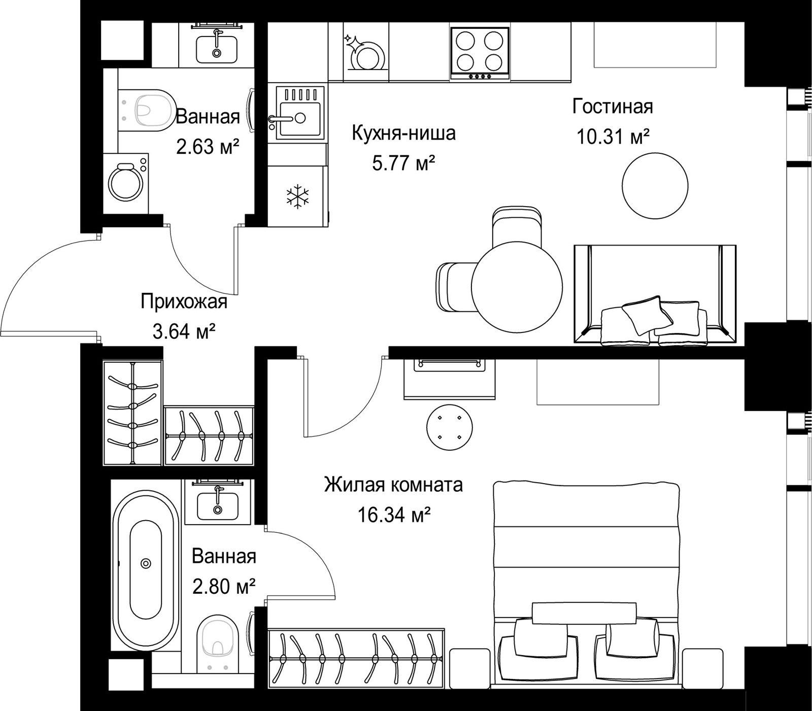 1-комнатная квартира, 41,5 м²