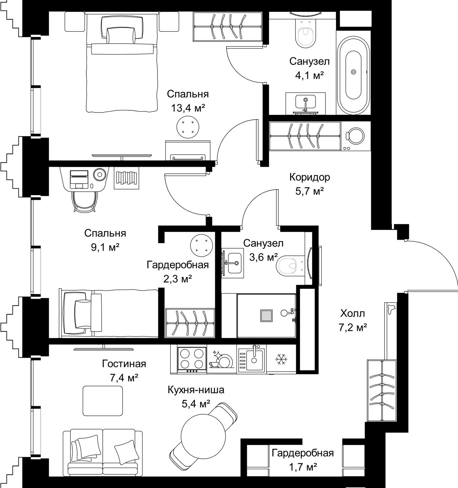 2-комнатная квартира, 59,9 м²