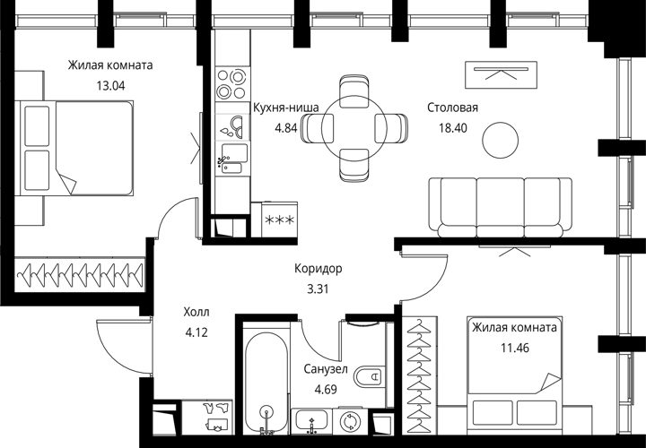 2-комнатная квартира, 59,9 м² — фото 1
