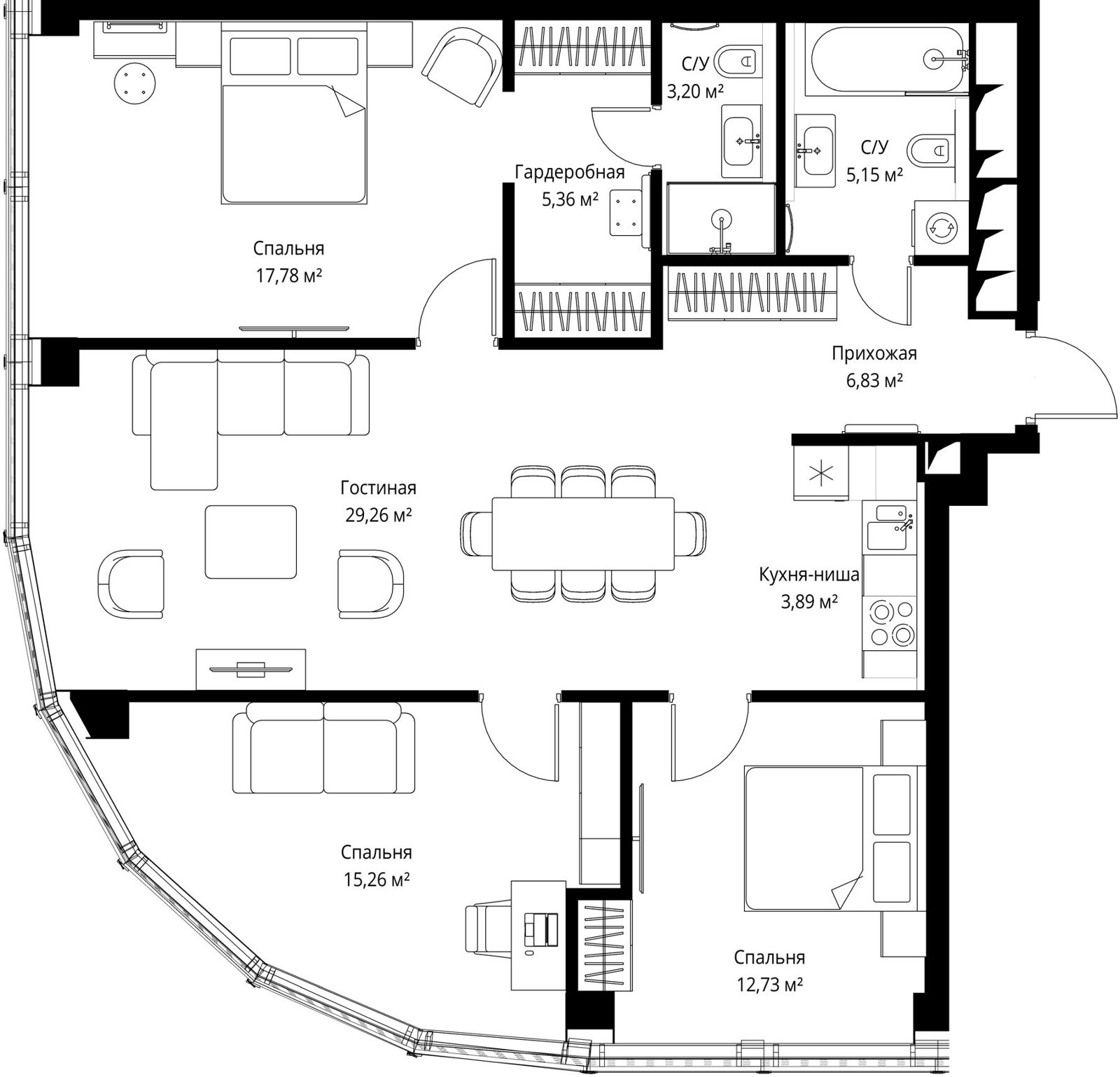 3-комнатная квартира, 100,7 м²