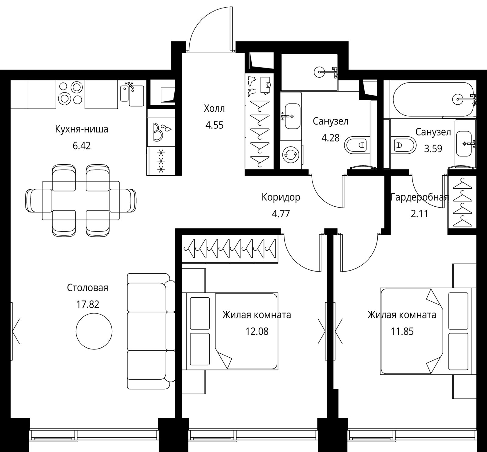 2-комнатная квартира, 67,5 м²