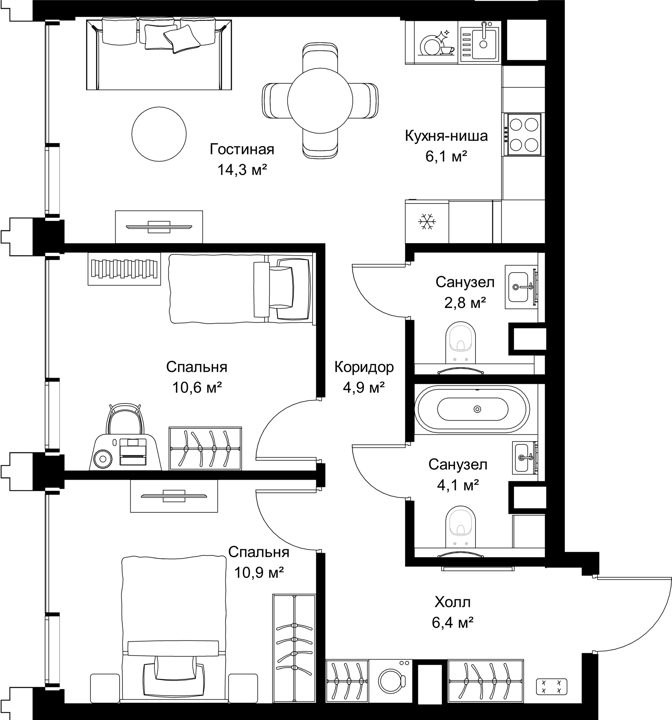 2-комнатная квартира, 60,1 м² — фото 1