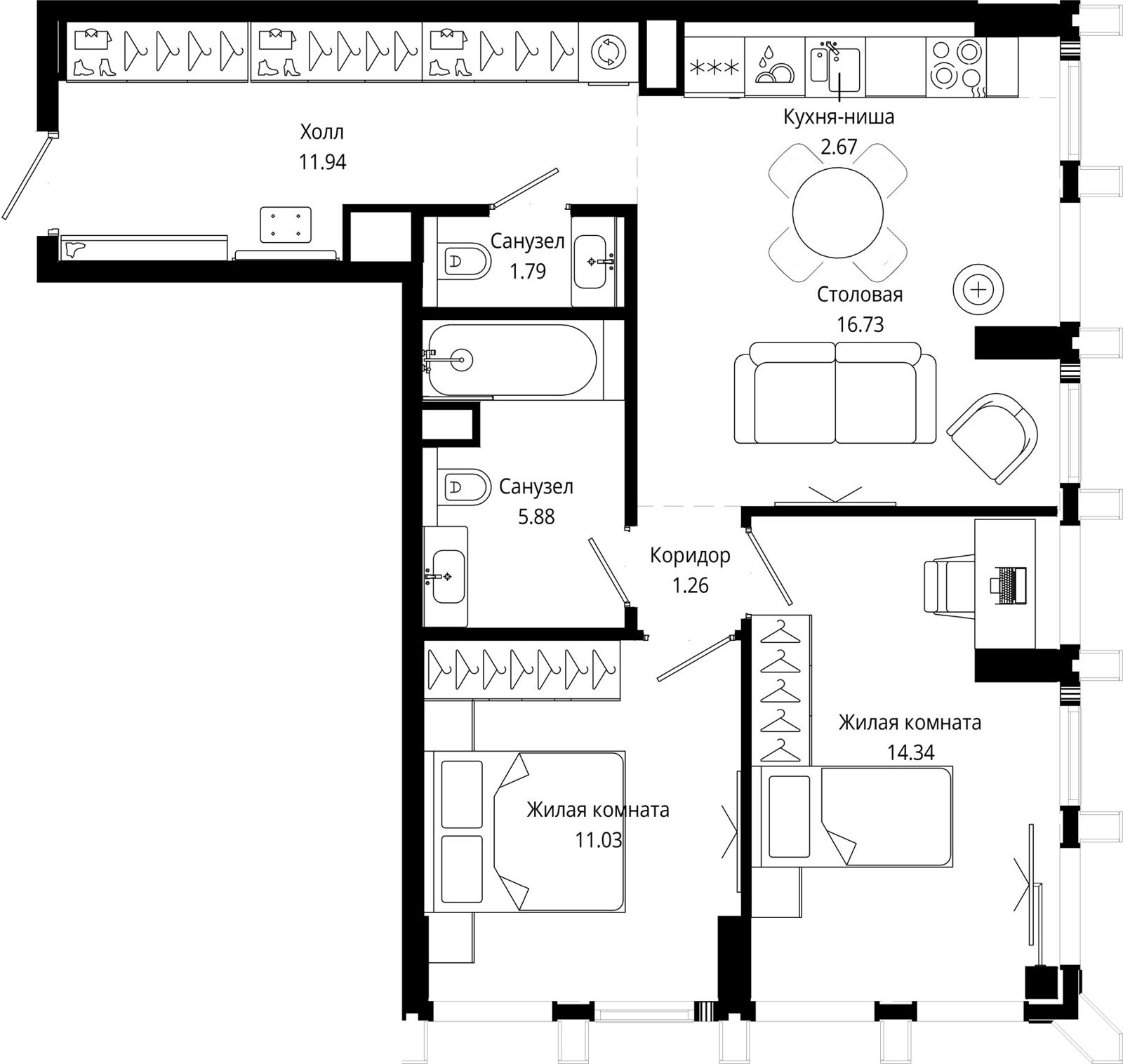 2-комнатная квартира, 66,1 м²
