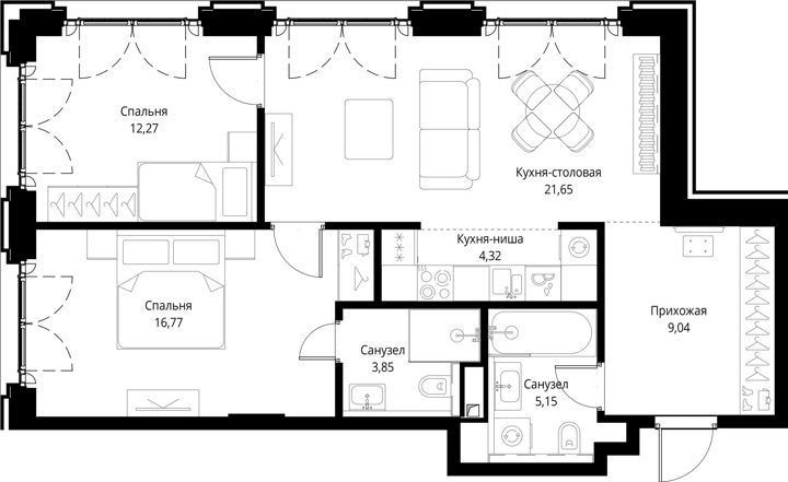 2-комнатная квартира, 73 м² — фото 1