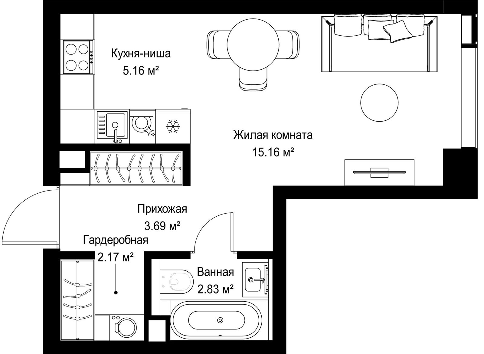 Квартира-студия, 29 м²
