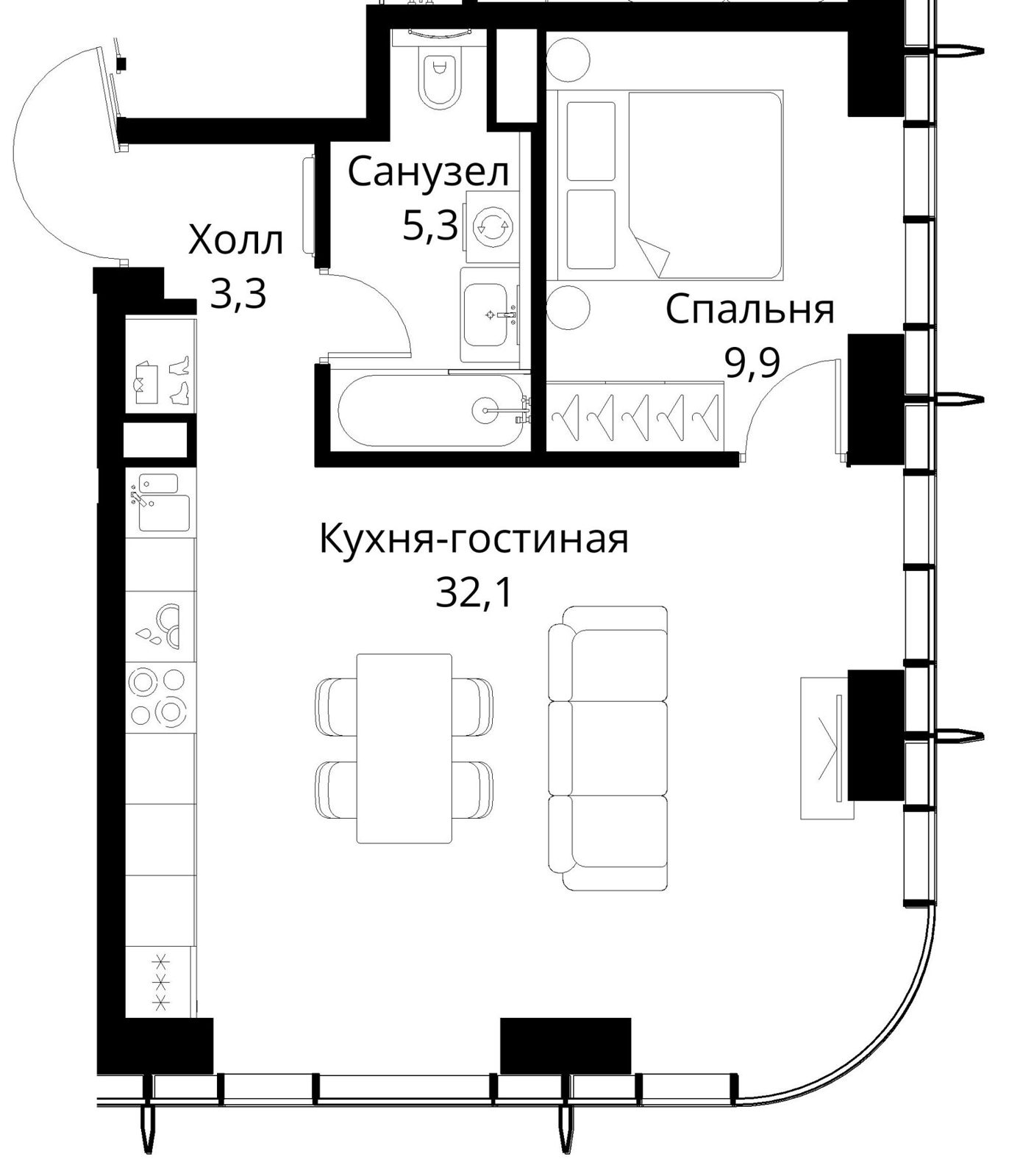 1-комнатная квартира, 50,6 м²