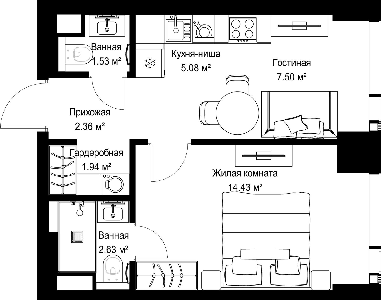 1-комнатная квартира, 35,5 м²
