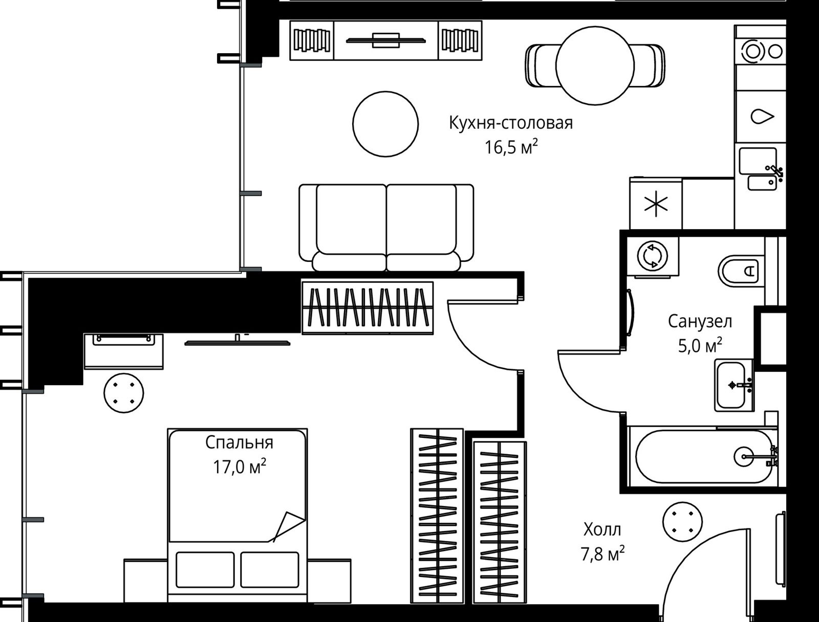 1-комнатная квартира, 46,3 м²