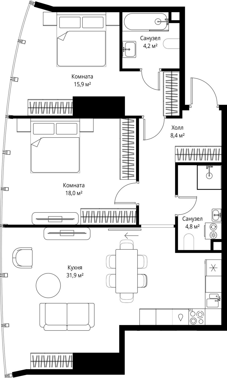 2-комнатная квартира, 83,2 м²