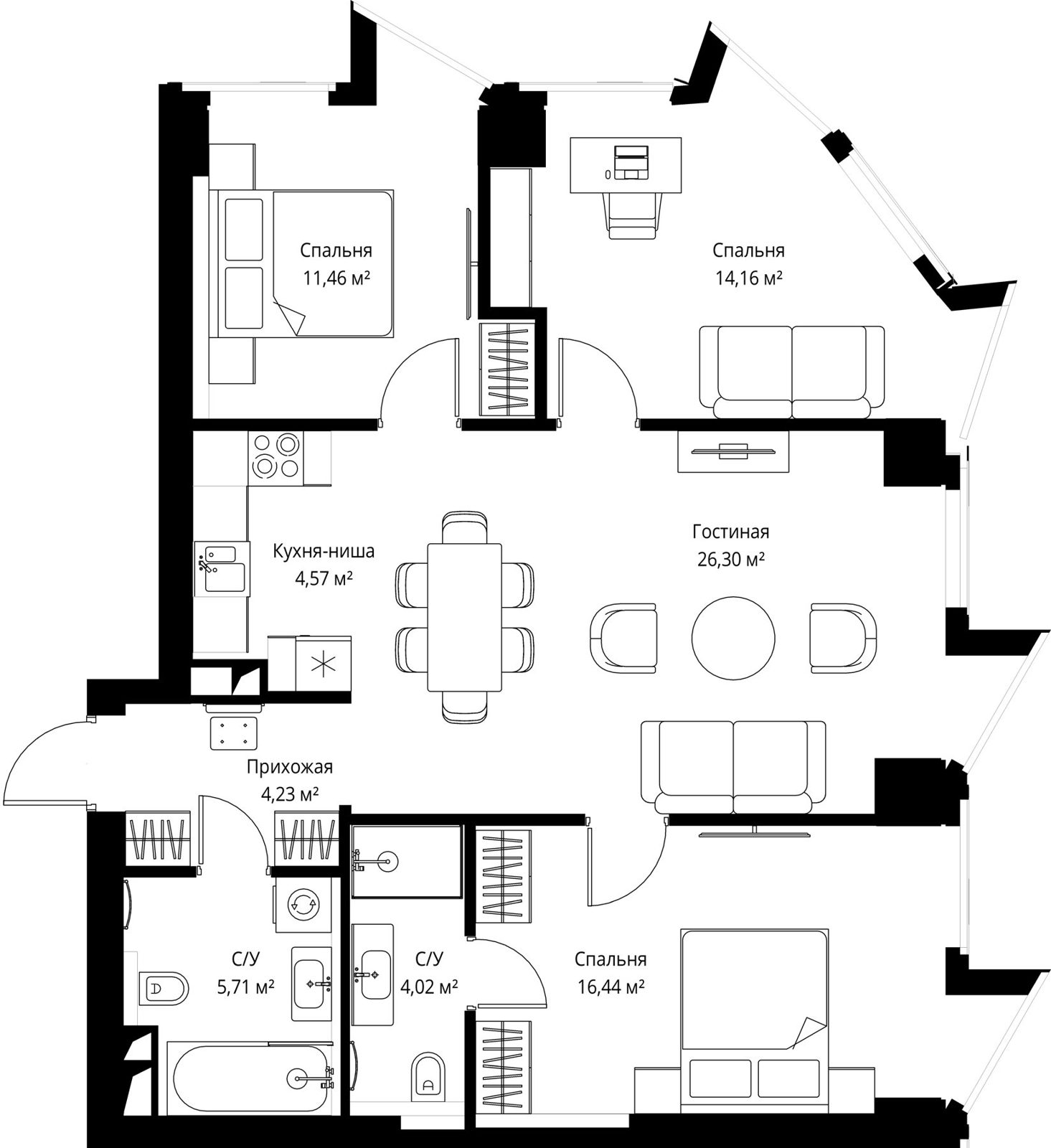 3-комнатная квартира, 86,8 м²