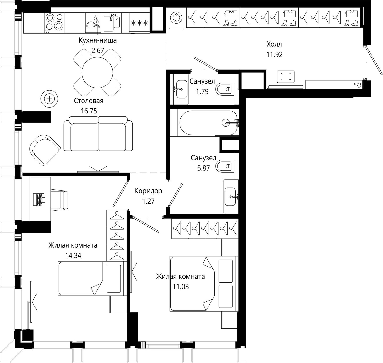 2-комнатная квартира, 66 м²