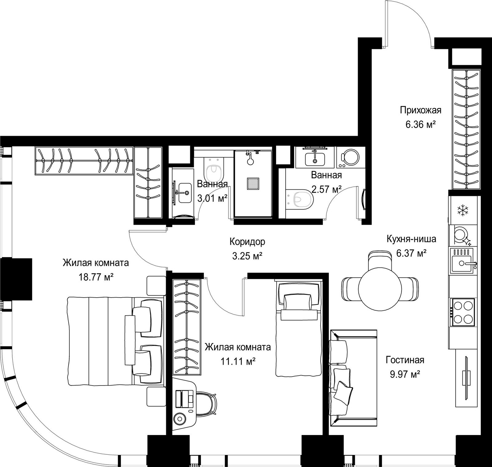 2-комнатная квартира, 61,4 м²