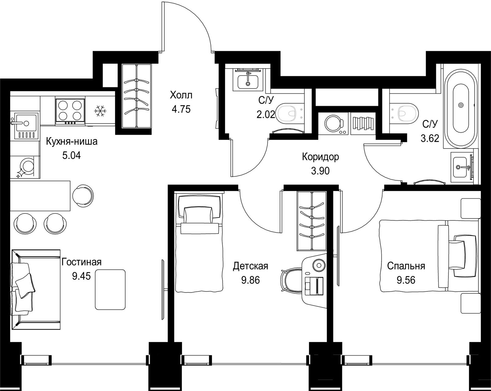 2-комнатная квартира, 48,2 м²