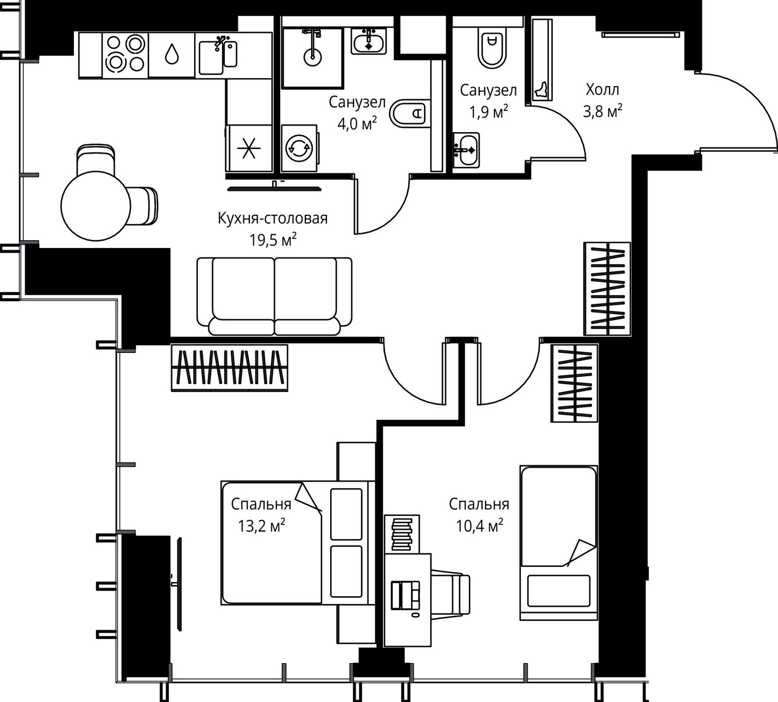 2-комнатная квартира, 52,8 м²