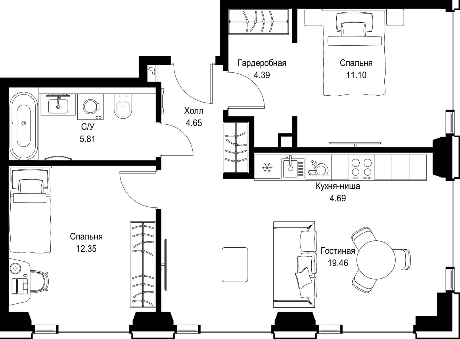 2-комнатная квартира, 61,3 м²
