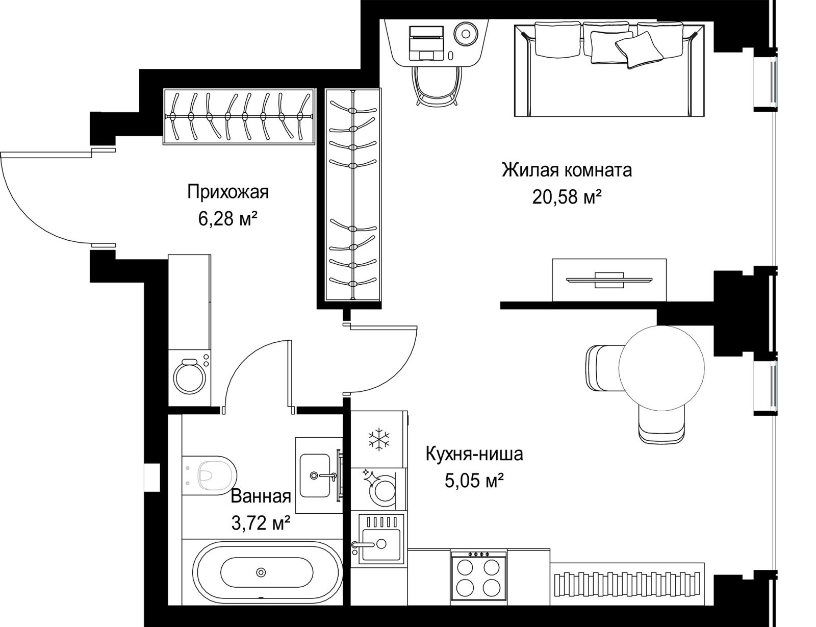 1-комнатная квартира, 35,6 м²