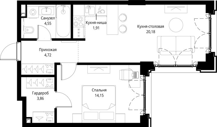 1-комнатная квартира, 49,4 м² — фото 1