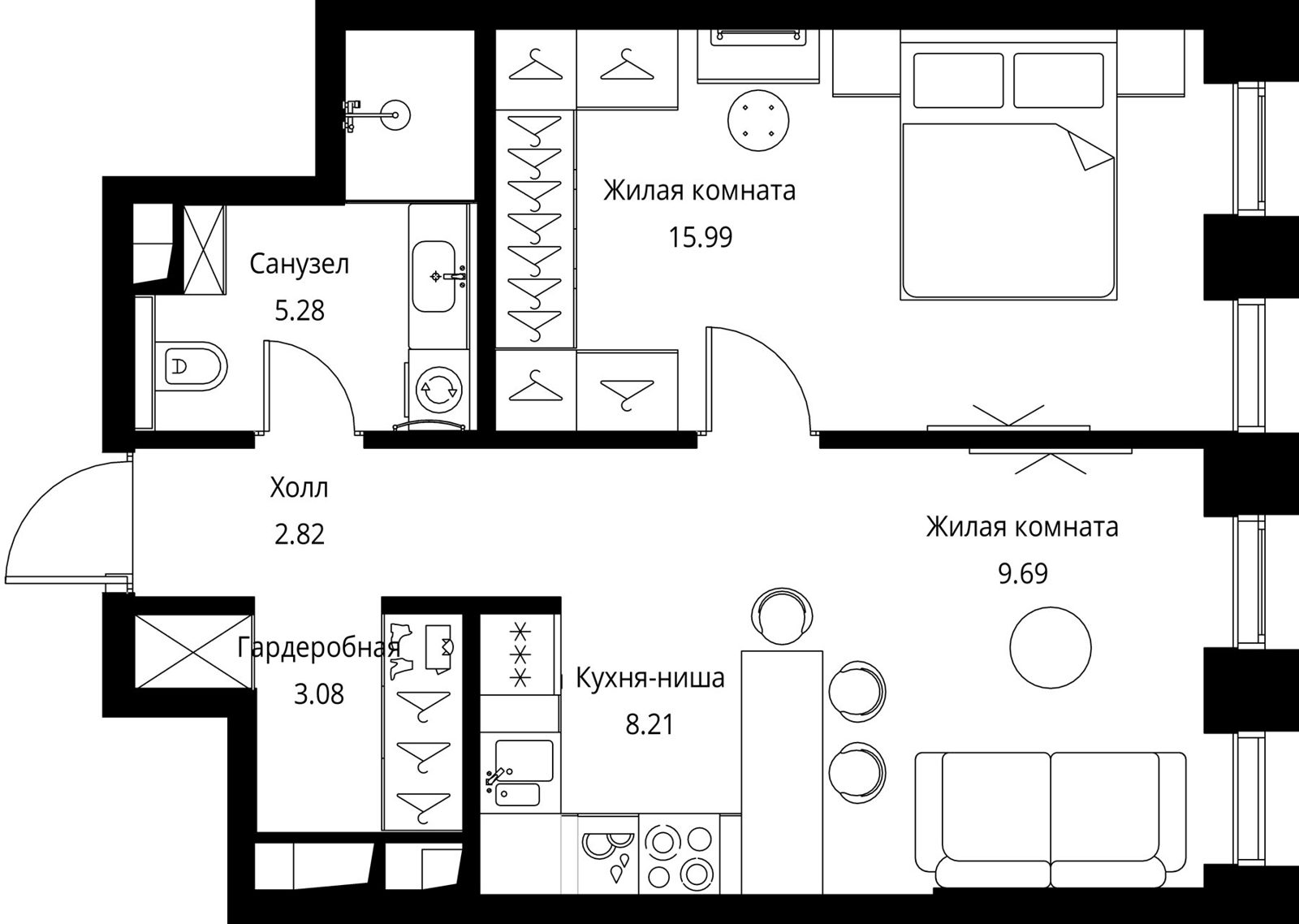 1-комнатная квартира, 45,1 м²