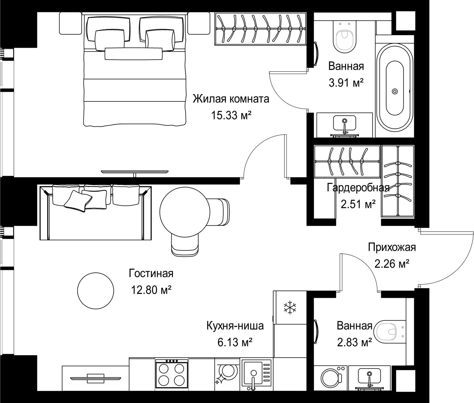 1-комнатная квартира, 45,8 м²