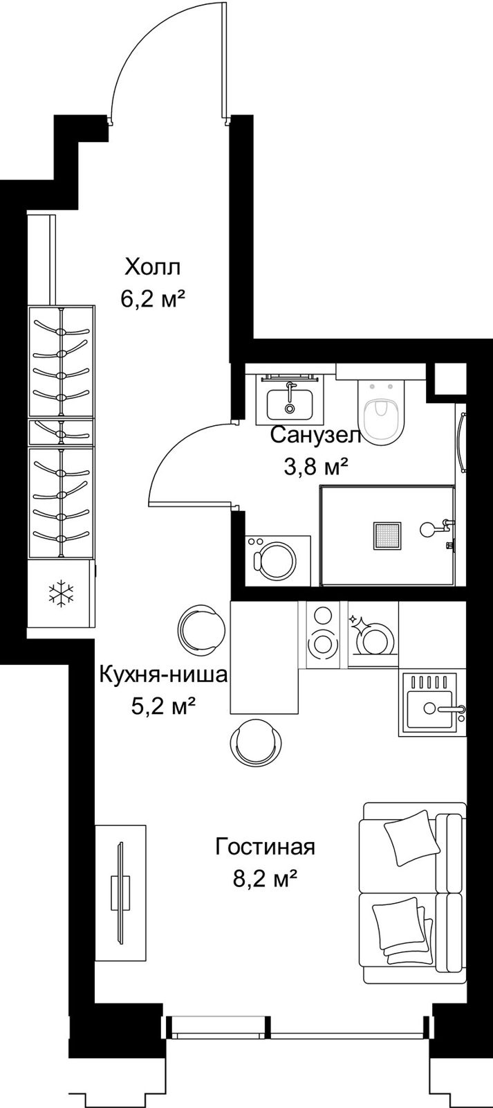 Квартира-студия, 23,4 м²