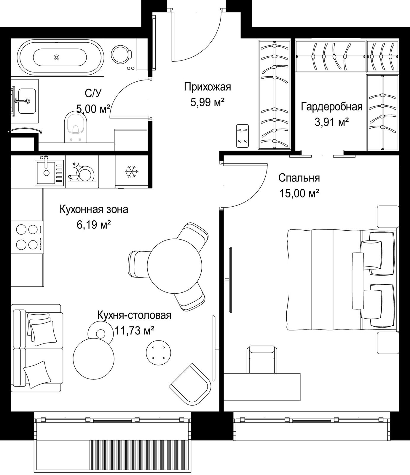 1-комнатная квартира, 47,8 м²