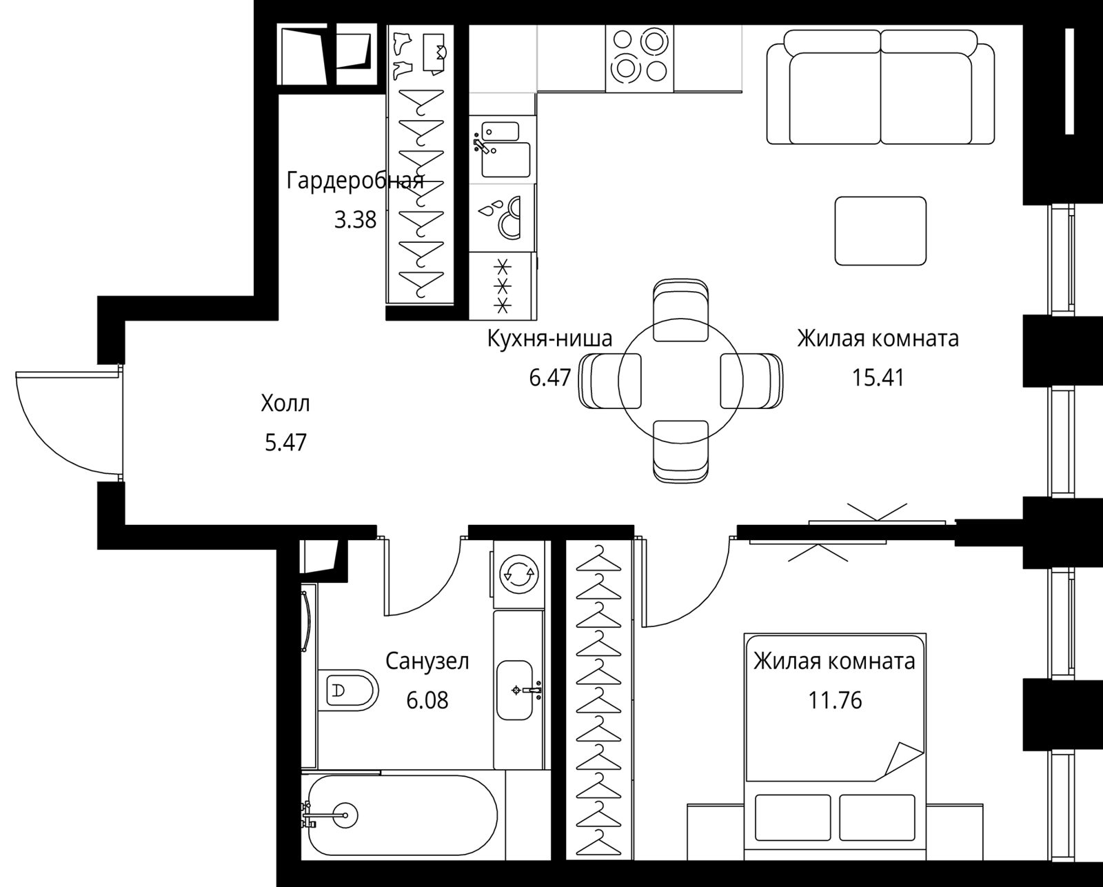 1-комнатная квартира, 48,6 м²