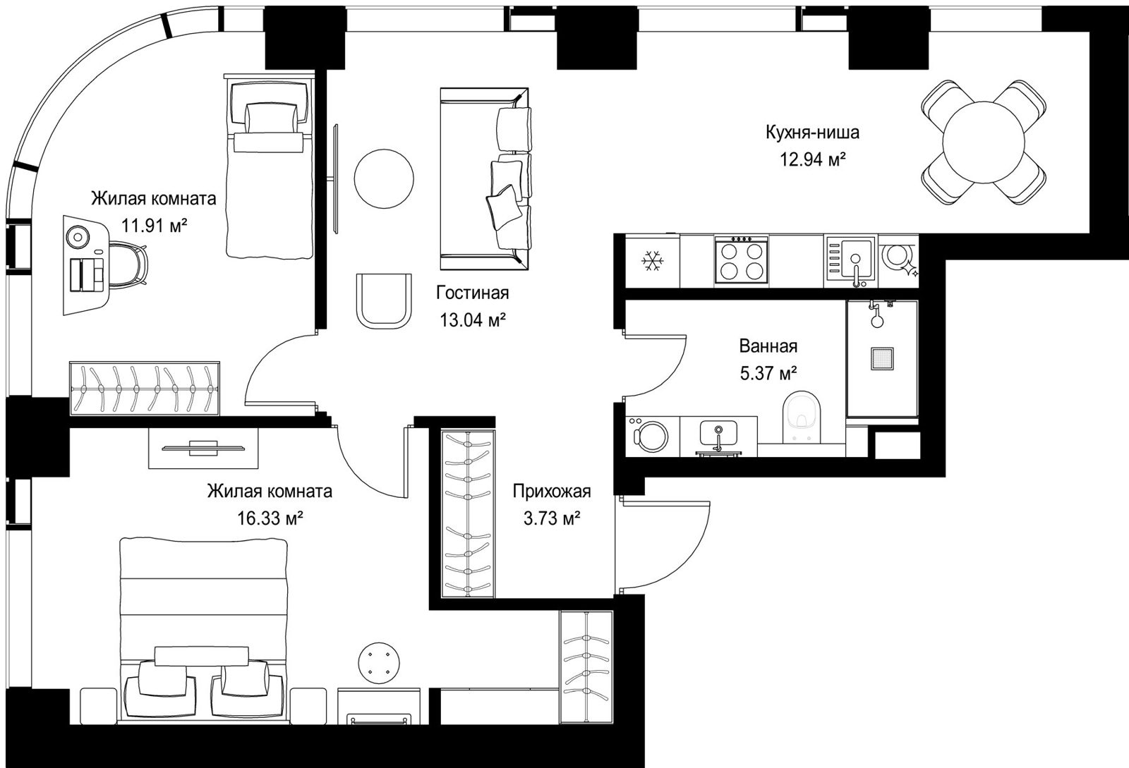 2-комнатная квартира, 63,3 м²