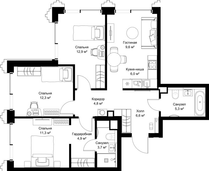 3-комнатная квартира, 77,4 м²
