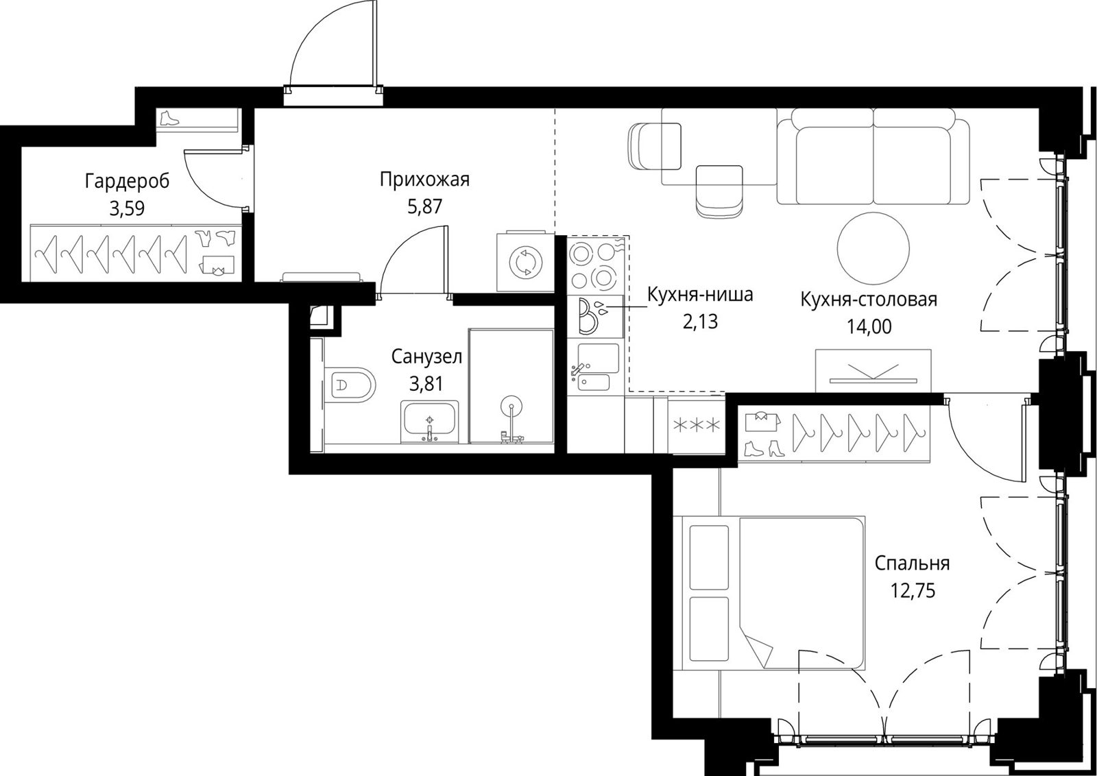 1-комнатная квартира, 42,1 м²