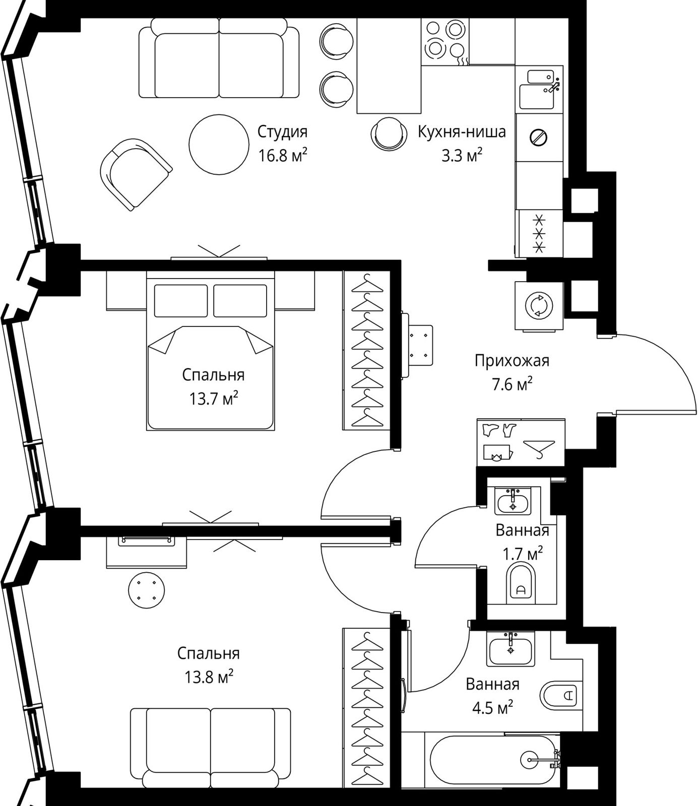 2-комнатная квартира, 61,4 м²