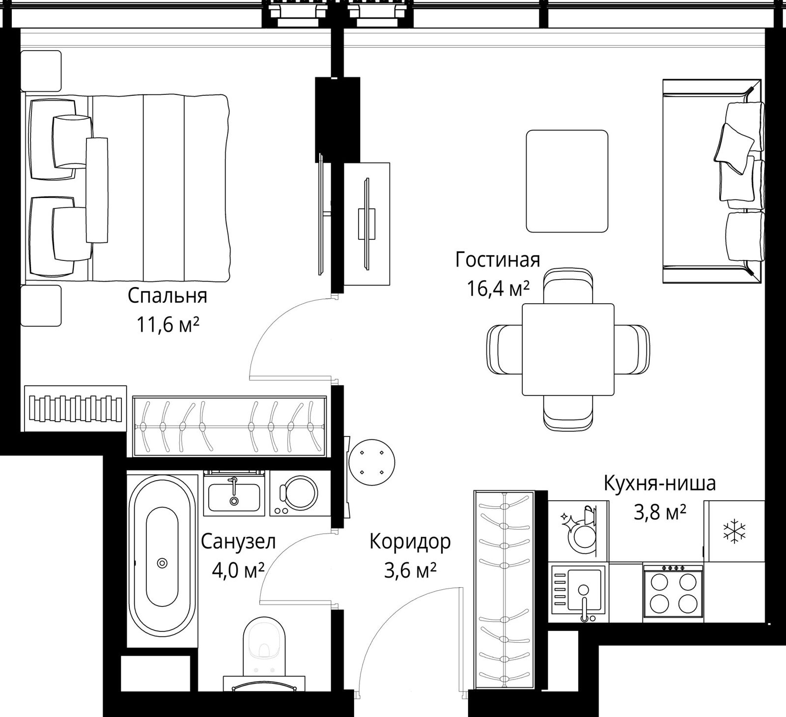 1-комнатная квартира, 39,4 м²