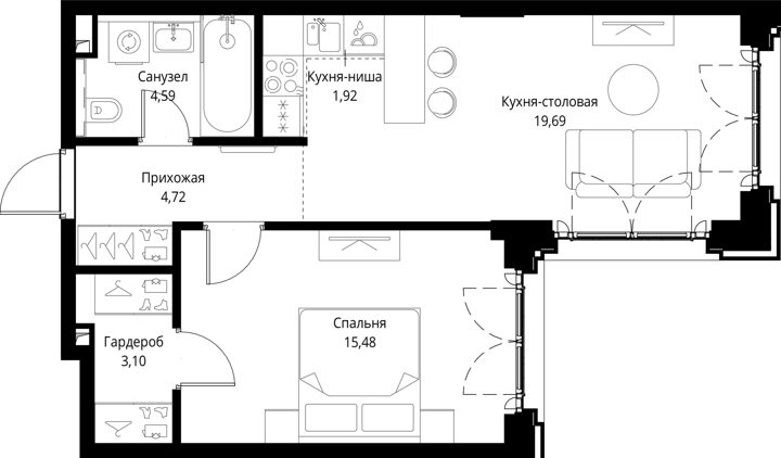 1-комнатная квартира, 49,5 м² — фото 1